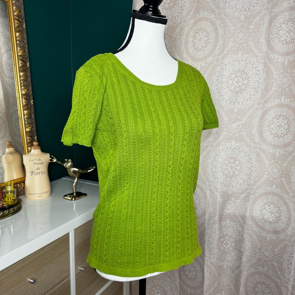 Vibrant Green Talbots Short Sleeve Cable Knit Top Vintage Preppy Granny Chic